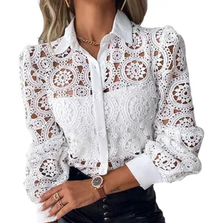 Juketron Weiße Spitze Patchwork Hemd Bluse Frauen Frühling Sommer Ungefüttert Langarm Shirts für Frauen 2024 Mode Aushöhlen Vintage Tops