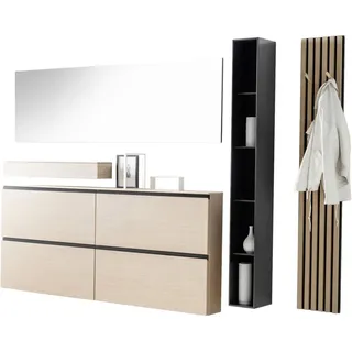 Sudbrock Garderobe , Schwarz, Eichefarben , Holz, Holzwerkstoff , 5-teilig , Eiche , furniert, massiv , 4 Fächer , 305x205x24.7 cm , Made in Germany , Garderobe, Garderoben-Sets & Garderoben-Serien, Garderoben-Sets