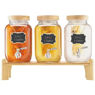 Vevor Getränkespender (3 x 3,8 L) für Partys Saftspender (aus Glas) mit tropfsicherem Zapfhahn & Holzständer Wasserspender für Restaurants Partys, Limonade Eistee selbstgemachte Getränke Spender