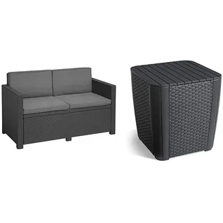 Keter Allibert by 22 Gartenlounge Sofa Victoria & Allibert by Gartentisch Luzon Flat Wicker, Graphit, Deckel abnehmbar, mit Stauraum, Kunststoff, Flache Rattanoptik