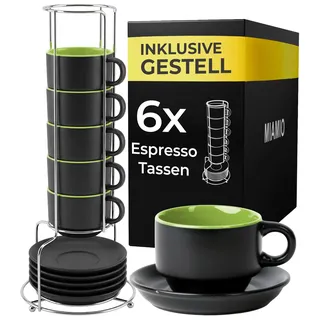 MIAMIO - 6 x 75 ml Espressotassen Set/Espresso Tassen Set mit Untertasse & Ständer - Kaffeetassen Set 6er Kaffeebecher Keramik - Le Papillon Kollektion (Grün)