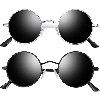 Joopin Rund Sonnenbrille Set Vintage Herren und Polarisierte Sonnenbrille Damen Schwarz Rund UV400 2 Pack (Silber Schwarz und Voll Schwarz)