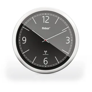 Mebus Funk-Wanduhr, 26 cm, lautlos, klares Design, silberner Rahmen, schwarzes Zifferblatt, Modell 19813 - Modern und präzise, Schwarz