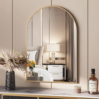 clevich Wandspiegel 66x96cm, Badspiegel mit Aluminiumrahmen, Bogen Halbkreisförmig Schminkspiegel, Gehärtetes Glas, für Badezimmer Flur Wohnzimmer, Schlafzimmer, Gold