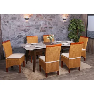 6er-Set Esszimmerstuhl Korbstuhl Stuhl M42, Rattan mit Sitzkissen - Braun