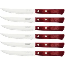 Tramontina Steakmesser, Pizzamesser, Set 6-teilig, 6 Steakmessern aus Edelstahl, Holzgriff rot FSC