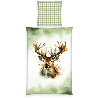 Herding Bettwäsche Hirsch, Home Edition, Kopfkissenbezug ca. 80 x 80 cm, Bettbezug ca. 135 x 200 cm, Mit Markenreißverschluss, 100% Baumwolle/Renforcé