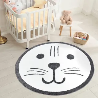 Carpet City Teppich Kinderzimmer Bär 120 cm Rund - Creme, Grau - Runder Kinderteppich Kurzflor mit Teddy-Gesicht - Weicher Flor