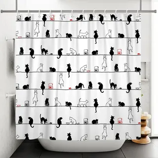 Bovlleetd Cartoon-Katze Duschvorhang 180x180cm Einfacher Lustige Schwarze und weiße Katze auf dem Seil Duschvorhang Wasserdicht, Waschbar Polyester Badevorhänge mit 12 Haken für Badezimmer, Badewanne