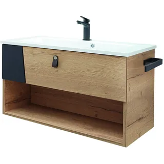 Sadena Waschtischkombi , Schwarz, Eichefarben , Leder , Lederlook , 1 Schublade(n) Schubladen , 78 cm , Made in Germany , hängend , Badezimmer, Waschbecken & Armaturen, Waschtische