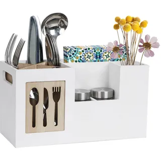 JUJOYBD Besteckhalter Holz, Besteckständer Tisch für Besteck Saucen und Servietten, Besteckkasten 8 Fächer für Küche Party Gastronomie, Weiß