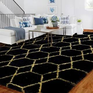 Teppich Wohnzimmer 120x180cm, Teppiche Schlafzimmer Waschbar In Waschmaschine Schwarz Gold, Flauschiger Kurzflor Verliert Keine Haare Antirutsch Teppich Geometrischer, Modern Gothic Carpet