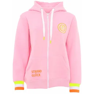 Kapuzensweatjacke ZWILLINGSHERZ, Damen, Gr. L/XL (L/XL), pink, Sweatware, Obermaterial: 50% Baumwolle, 50% Polyester, comfort fit hüftbedeckend, V-Ausschnitt, Sweatjacken Kapuzensweatjacke, Regular-Fit, Kapuze, Langarm, Reißverschluss, Neon-Details