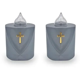AROBA 2x LED Grabkerze Trauerlicht - Flackereffekt wie echte Kerze - lange Brenndauer bis 120 Tage - wiederverwendbar Friedhofskerze Gedenkkerze Dauerkerze - silber Heiliges Kreuz