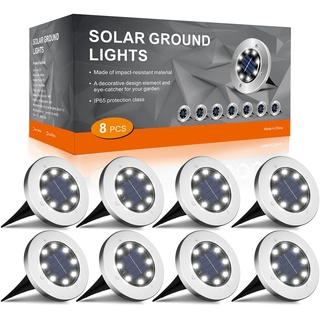 FLOWood Solar Bodenleuchte Solarleuchte für Garten Solar Außenleuchte 8 LEDs wasserdicht Edelstahl + Kunststoff 8 Stk [Energieklasse A+]