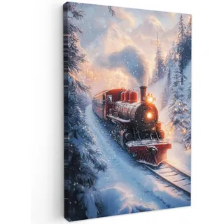 MuchoWow Leinwandbild Weihnachtszug - Schnee - Winter - Weihnachten Wanddeko Schlafzimmer 60x90 cm , Dunkelrot , Textil , Kiefer , Abstrakt , Rechteckig , 60x90 cm , FSC 100% , gerahmt , Bilder & Rahmen, Bilder, Leinwandbilder