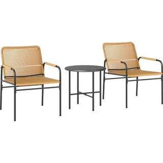 Fortuna Lai 3-tlg. Rattan Bistroset, Sitzgruppe, Gartengarnitur mit 2 Gartensesseln, Couchtisch, Balkonmöbel-Set für Garten, Terrasse, Stahl, Gelb - Gelb