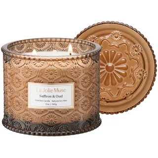 60 Stunden Brenndauer, LA JOLIE MUSE Safran & Oud Duftkerze, Duftkerzen für Zuhause, Große 2-Docht Sojakerzen, Kerzengeschenke für Frauen & Männer, Luxusglas Kerzen, 340g