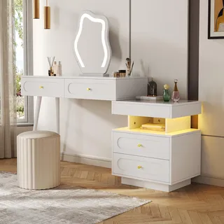 Flieks Schminktisch Frisiertisch mit Schrank, Spiegel mit Led, Schminkkommode Schminktischset, 140x40x130cm, Weiß - Weiß