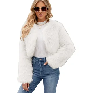 Damen Kurz Kunstpelze Jacke Kunstfell Mantel Kuschelig Fellmantel Dicke Warme Winterjacke Winter Pelzjacke Langarm Wintermantel, Damen , Weiß, XL - Weiß
