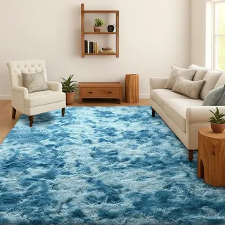 SOANNY Teppich Wohnzimmer Waschbar Anti-Rutsch 120x180 cm, Dunkelblau | Hochflor, Langflor, Flauschig, Weich, Tie-Dye, Pflegeleicht, Für Wohnzimmer Schlafzimmer Kinderzimmer Büro Bettumrandung
