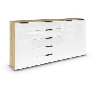 Rauch Möbel Flipp, Kommode für Schlafzimmer, Kinderzimmer, Wohnzimmer, Jugendzimmer, Flur, Garderobe, 3-türig, 5 Schubladen, mit Softclose-Funktion, Farbe Eiche Artisan, Holz/Glas Weiß, Breite 199 cm