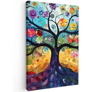 MuchoWow Leinwandbild Kunst - Baum des Lebens - Blumen - Hippie Wanddeko Schlafzimmer 60x90 cm , Dunkelblau , Textil , Kiefer , Abstrakt , Rechteckig , 60x90 cm , FSC 100% , gerahmt , Bilder & Rahmen, Bilder, Leinwandbilder