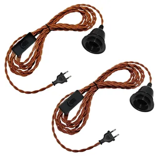 2 Stück Hängelampe mit Stecker, Lampenfassung E27 mit 510CM Braun Kabel und Schalter, Pendelleuchte mit Stecker, Lampenkabel mit Fassung, Hängeleuchte Steckdose, DIY Tischleuchten Bodenleuchten