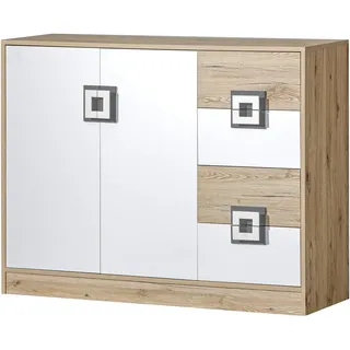 Furniture24 Kommode NICO 08 , Schrank, Mehrzweckschrank, Sideboard mit 2 Türen und 4 Schubkasten Hell Eiche/Weiß/Grau - Weiß