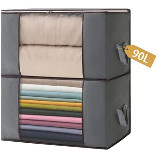 Boic 2 Stück 90L Aufbewahrungstasche, Aufbewahrungsbox mit Deckel, Groß Kleideraufbewahrung Umzugskartons, Faltbare Aufbewahrung Boxen für Bettdecken Decken Kleidung Unterbett Kleiderschrank, Grau