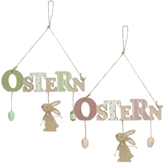 COM-FOUR® 2x Türschild "Ostern" - Deko-Schild aus Holz für Ostern - Osterdeko mit Hasen und Ostereier - Zum Aufhängen an Haustüren, Wände, Fenster (grün/rosa - 2 Stück)