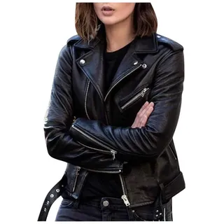 Lederjacke Damen, Schwarz Oversize Echtleder Damenjacke Leather Jacket Herbst Winter Elegant Vintage Lederjacke Kunstlederjacke Lang Leder Bikerjacke Damen-Jacken