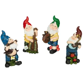 Relaxdays Gartenzwerge 4er Set, Musiker, wetterfest, Miniatur Figuren, frostsicher, Deko Wichtel, außen, Polyresin, bunt