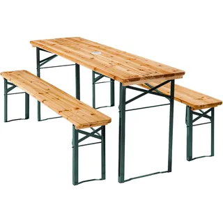Tectake tectake® Bierzeltgarnitur Ludwig 3-tlg. klappbar, mit Sonnenschirmhalterung, beschichtetes Stahlgestell mit soliden Scharnieren, Holzlackierung mit Klarlack