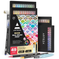 ARTEZA Echte Pinselstifte mit flexiblen Nylonspitzen, Farbmarker für Aquarellmalerei, Ausmalen, Kalligraphie und Zeichnen, mit Wasserpinsel, 48 Stück