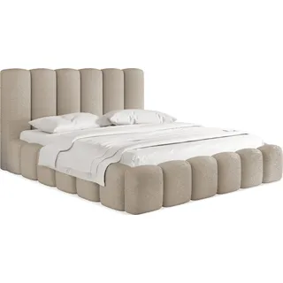 Polsterbett 200x200 mit Bettkasten und Lattenrost – Creme Bett mit hohem Kopfteil, Boucle oder Samt Stoff - Modernes Doppelbett mit Stauraum – Bettgestell, ohne Matratze – Serenity - Creme - Creme