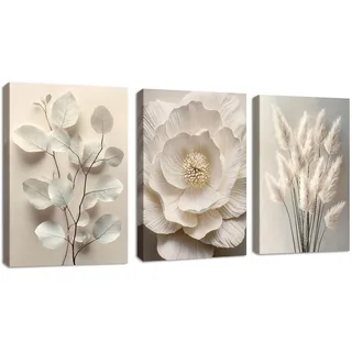3 Pcs Neutral Beige Blumig Pflanze Leinwandbilder mit Rahmen, Boho Texturiert Blume Botanisch Wandbilder Beige Schlafzimmer Bild Auf Leinwand Kunstdruck Deko für Wohnzimmer zum Aufhängen 40x60cmx3Pcs