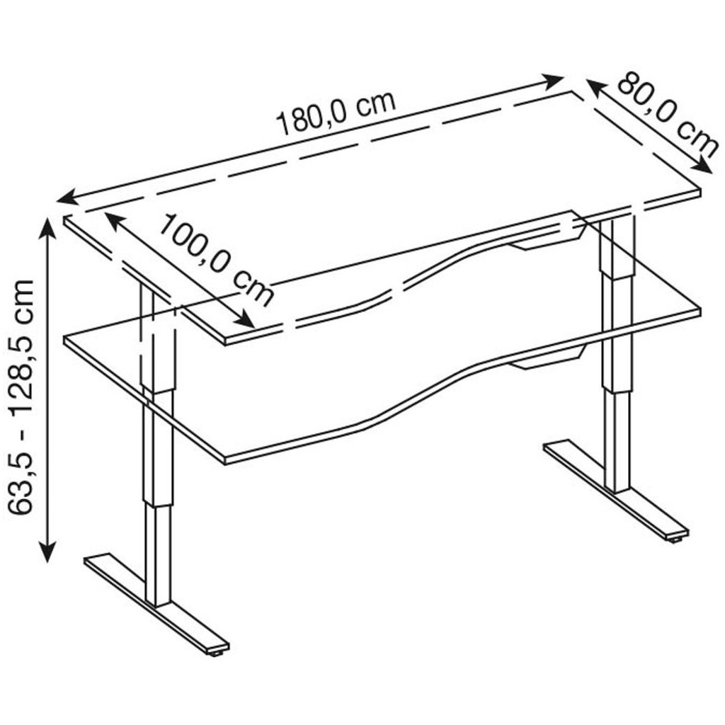 Bild von VXDSM18 elektrisch höhenverstellbarer Schreibtisch ahorn Trapezform, T-Fuß-Gestell silber 180,0 x 100,0 cm