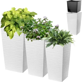 KADAX 3er Set Pflanzkübel mit Innentopf 57/68/75 cm Höhe, Weiß – wetterfeste & robuste Blumenkübel aus Kunststoff, Blumentöpfe für Innen- & Außenbereich