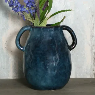 Tanvecle Blaue Keramikvase mit 2 Griffen, moderne Bauernhausvase für Heimdekoration, rustikale Terrakotta-Vase, dekorative Keramik-Blumenvase, kleine Tonvase, Tafelaufsätze für Esstisch – 17,8 cm hoch