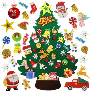 Viilich Filz Weihnachtsbaum,110cm DIY Kinder Weihnachtsbäume Filz Set Hängend Dekor mit 33pcs Abnehmbaren Ornamenten Filz Home Tür Wand Weihnachtsdeko Weihnachtsspiel