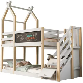 Okwish Etagenbett 90/200 cm Weiß Baumhaus Design mit Tafel und Rausfallschutz , Holzwerkstoff , 90x200 cm , Babymöbel & Kindermöbel, Kinderzimmer & Jugendzimmer, Stockbetten