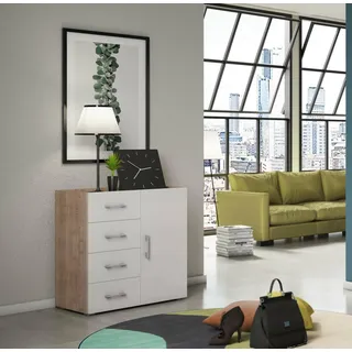 Dmora - Kommode Violetta, Buffetschrank mit 1 Tür und 4 Schubladen, Wohnzimmer-Sideboard, Mehrzweckschrank mit Regalen, 100 % Made in Italy, 90 x 41 x 87 cm, Weiß und Eiche