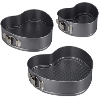 Relaxdays Herzbackform 3er Set, romantische Kuchen & Torten, 3 Größen, antihaft, Springform, Carbonstahl, anthrazit,