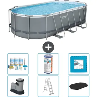 Bestway Oval Power Steel Swimmingpool – 549 x 274 x 122 – Grau – inklusive Pumpe – Leiter – Abdeckung Wartungspaket - Filter - Bodenfliesen