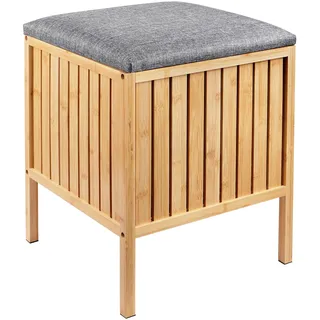Relaxdays Wäschekorb zum Sitzen, Bambus, gepolsterter Deckel, Natur/grau | HxBxT: 52 x 39 x 39 cm, Badhocker mit Stauraum