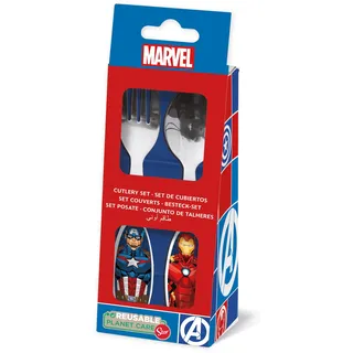 Tataway Marvel Avengers Captain America Iron Man Besteckset für Kinder, Edelstahl, mit runden Spitzen, blau