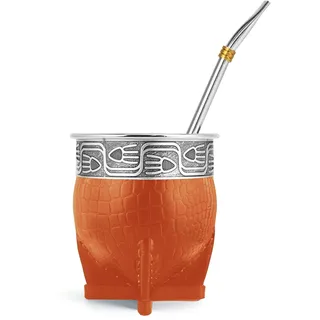 Cuopru Imperial Mate-Kalabass mit Bombilla-Set, Yerba Mate Tee-Tasse, Mate-Strohhalm und Reinigungsbürste inklusive, Guarda Rupestre – Fisch-Stil (Gelbbraun)