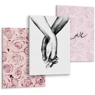 Muralo Leinwandbilder 3-er Set Blumen 3D Hände , Schwarz, Weiß, Rosa , Textil , Floral, Sprichwort/Zitat , Rechteckig , 90x40 cm , Bilder & Rahmen, Bilder