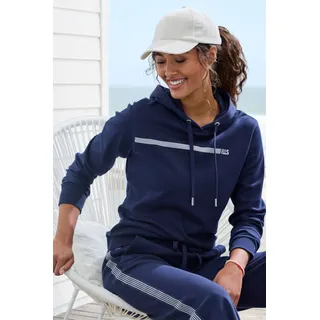 Hoodie H.I.S, Damen, Gr. 32/34, blau (marine), Interlock, Obermaterial: 60% Baumwolle, 40% Polyester, bedruckt, unifarben, Basic, bequem hüftlang, ohne Ausschnitt, Rippbündchen, Sweatshirts Hoodie, mit Streifenprint, Loungewear, Topseller